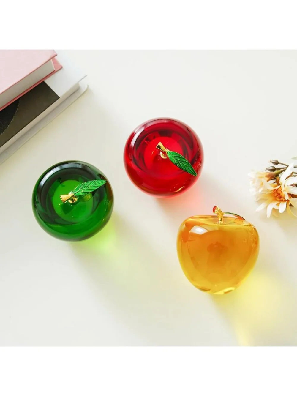 Elegant Crystal Apple Paperweight - Clear Glass Decor with Gold Stem, Perfect